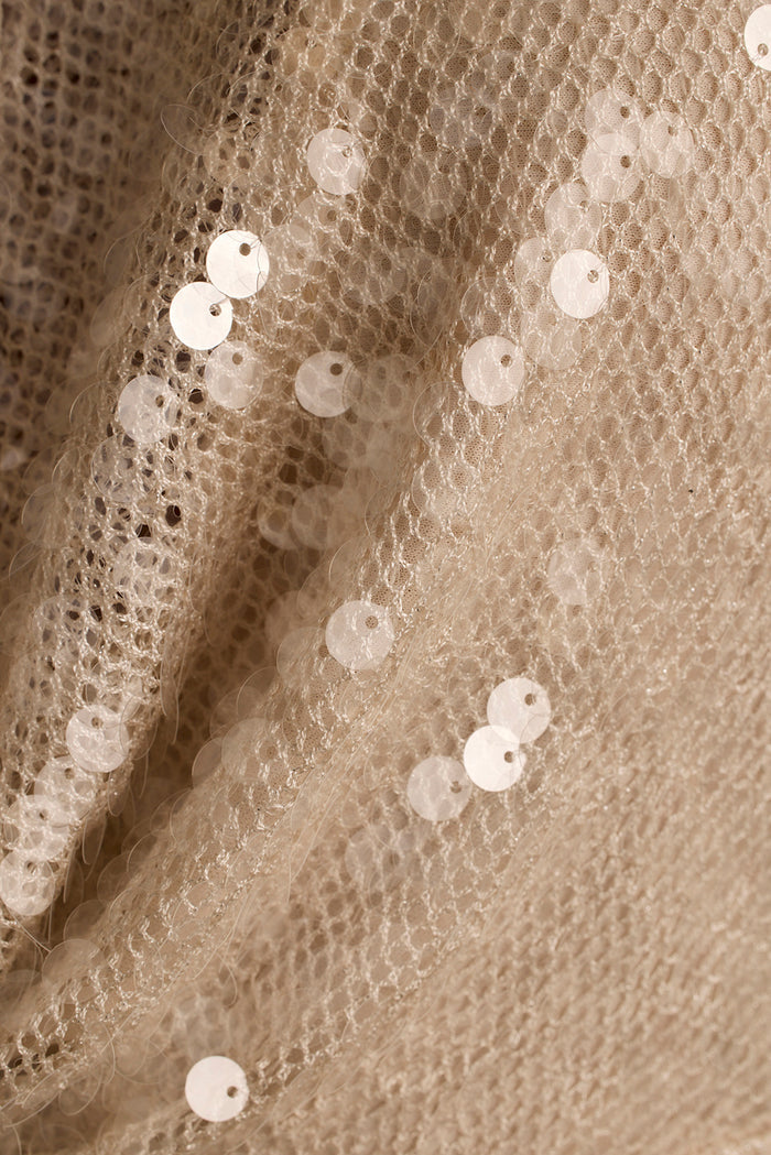 Close-up of clear sequins scattered across champagne mesh knit on the Noella maxi dress.