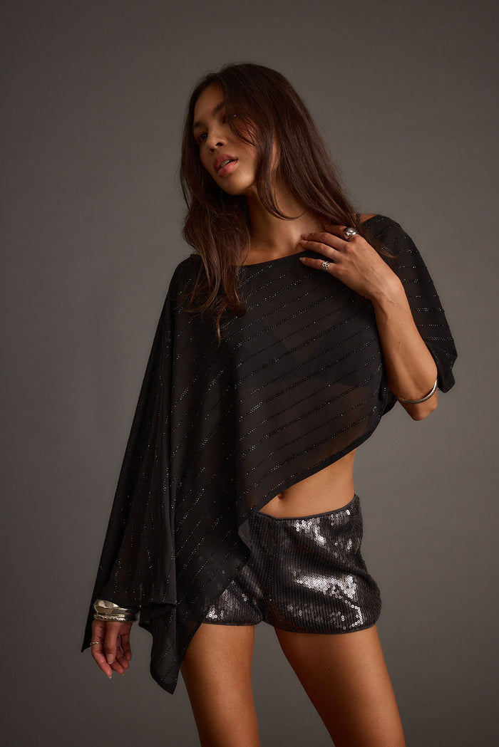 Black rhinestone piece with refined detailing and a flattering silhouette.