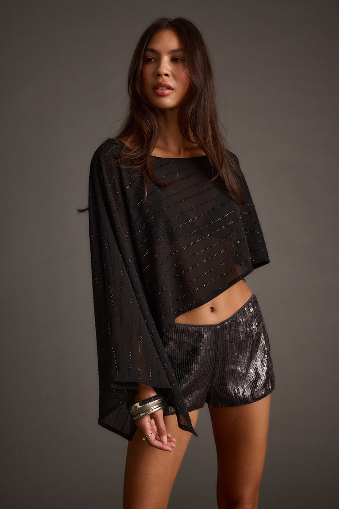 Oasis Black Rhinestone Shawl styled in a complete look from an alternate angle.