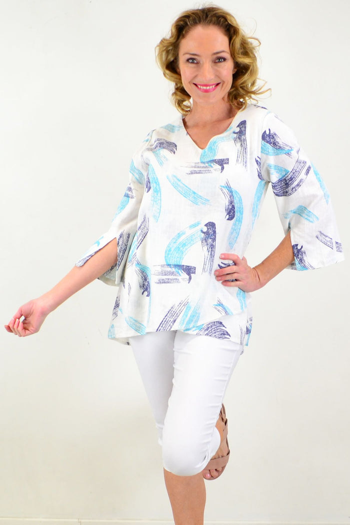 Ocean-colored linen cotton tunic top by Ruby Rain featuring a relaxed fit and lightweight, breathable fabric.