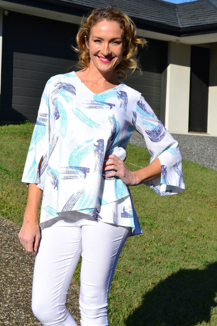 Ocean-colored linen and cotton tunic top by Ruby Rain, featuring a relaxed fit and casual style.