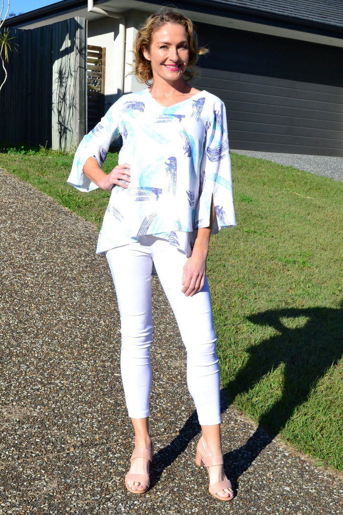 Ocean-colored linen cotton tunic top by Ruby Rain, featuring a relaxed fit and lightweight fabric for casual wear.