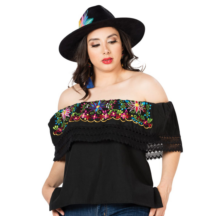 Off the Shoulder Mexican Ranchera Top - Black