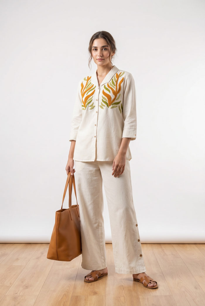 Off White Leaf Embroidered Cotton Flex Co-ord Set