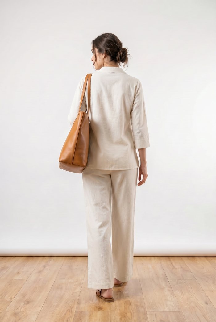 Off White Leaf Embroidered Cotton Flex Co-ord Set