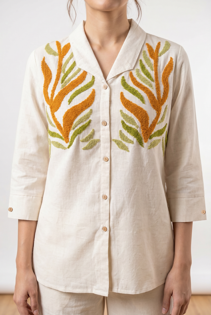 Off White Leaf Embroidered Cotton Flex Co-ord Set