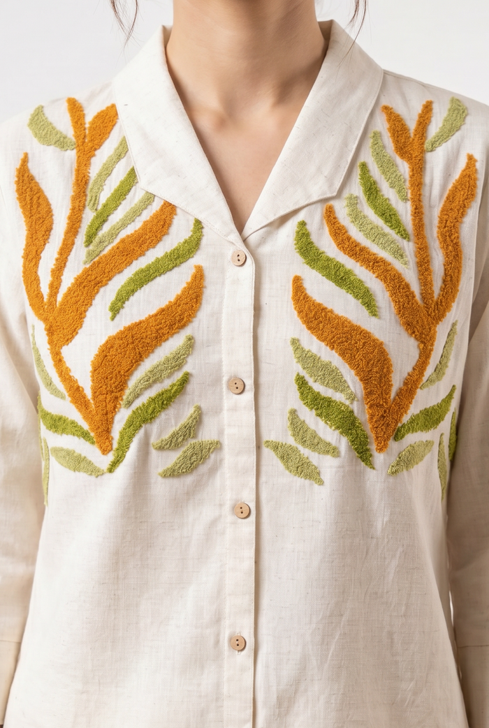 Off White Leaf Embroidered Cotton Flex Co-ord Set