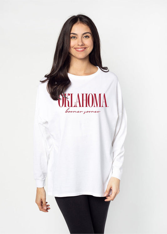 Oklahoma Sooners Unisex White Oversized, slouchy Mineral wash T-Shirt with Extreme dropped shoulders, oversized sleeves and lived-in look and feel