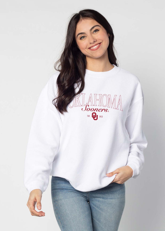Oklahoma Sooners Unisex White Oversized Premium cotton corded fleece Sweatshirt with Super soft hand feel, vintage wash and ribbed crew neckline, cuffs, and hemline