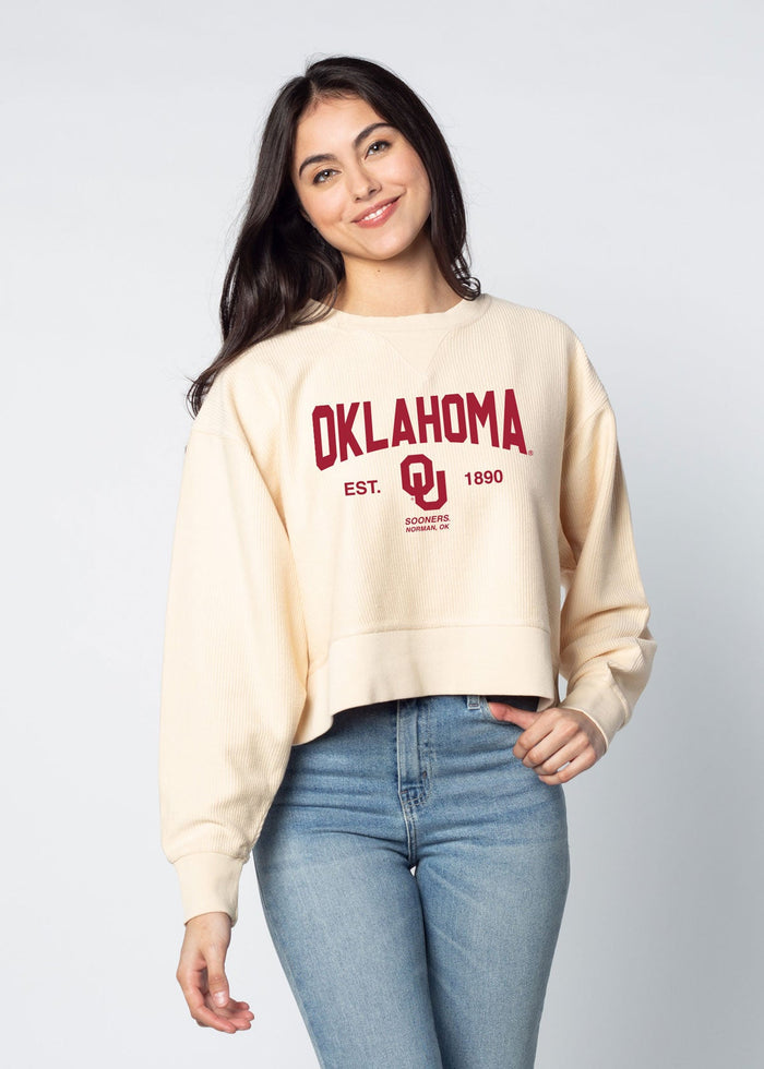 Oklahoma Sooners Women's Natural Relaxed Premium cotton corded fleece Sweatshirt with Super soft hand feel, vintage wash, side slits and ribbed crew neckline, cuffs, and hemline