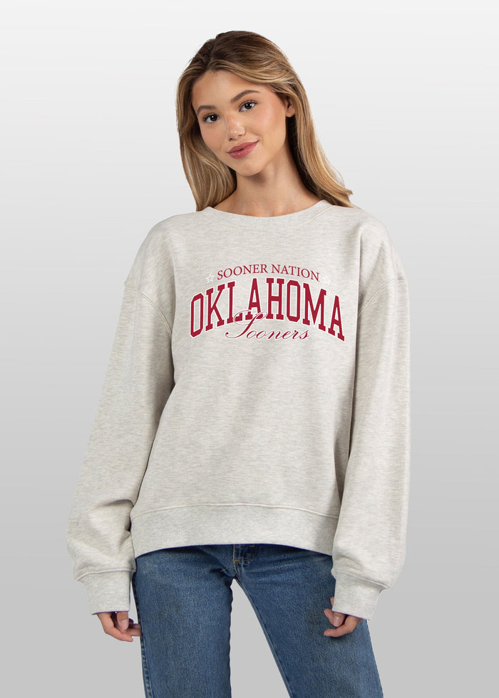 Oklahoma Sooners Women's Ash-Grey Relaxed Heavyweight Fleece Sweatshirt with Dropped shoulders, crew neckline, back center seam and ribbed neckline, cuffs and hem