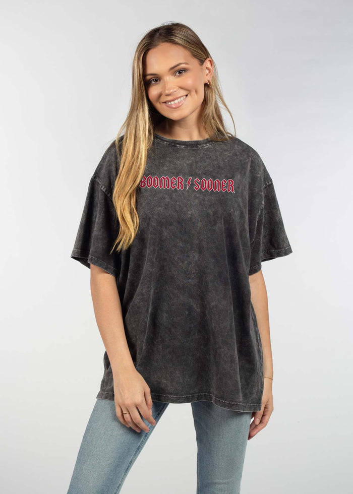 Oklahoma Sooners Unisex Graphite Oversized Mineral wash T-Shirt with Lived-in feel and look, short sleeve, crew neck and drop shoulders