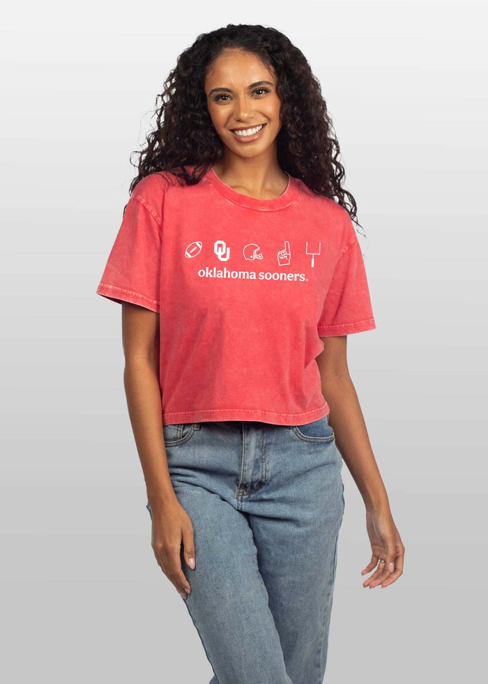 Oklahoma Sooners Women's Cardinal Relaxed, boxy Mineral wash T-Shirt with Crew neck and short sleeves