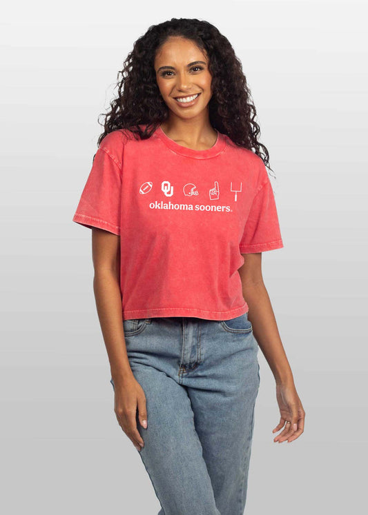 Oklahoma Sooners Women's Cardinal Relaxed, boxy Mineral wash T-Shirt with Crew neck and short sleeves