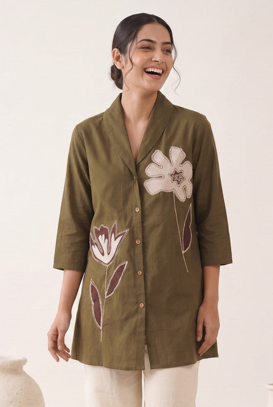 Olive Green Cotton Flex Floral Embroidered Shirt Tunic