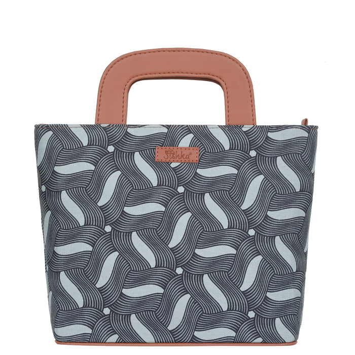 Women’s olive green handcrafted printed canvas tote handbag with vegan leather handles for travel, work and everyday use