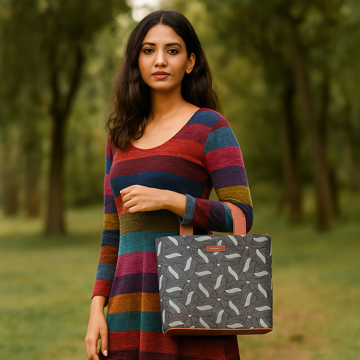 Women’s olive green handcrafted printed canvas tote handbag with vegan leather handles for travel, work and everyday use-model image