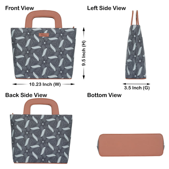 Women’s olive green handcrafted printed canvas tote handbag with vegan leather handles for travel, work and everyday use-infographic image