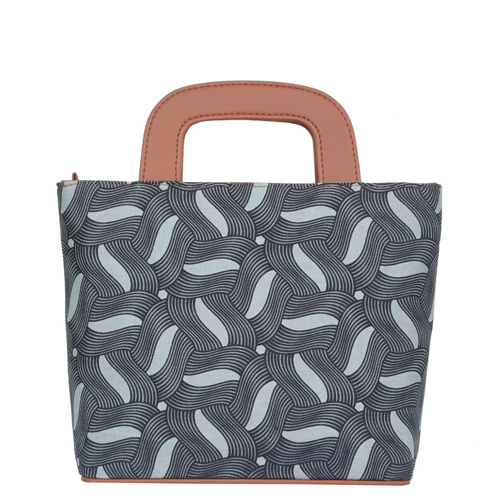 Women’s olive green handcrafted printed canvas tote handbag with vegan leather handles for travel, work and everyday use-back view