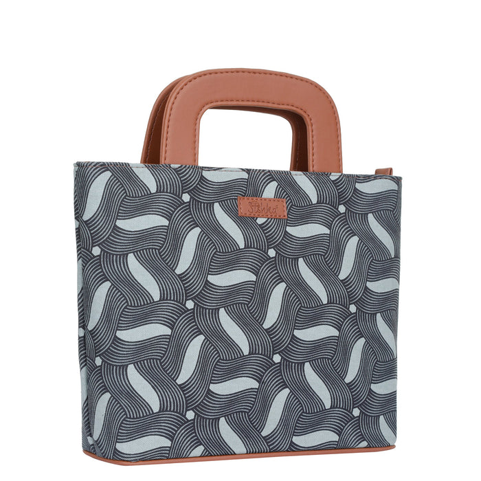 Women’s olive green handcrafted printed canvas tote handbag with vegan leather handles for travel, work and everyday use-half side view