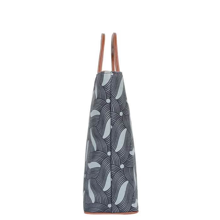 Women’s olive green handcrafted printed canvas tote handbag with vegan leather handles for travel, work and everyday use-side view