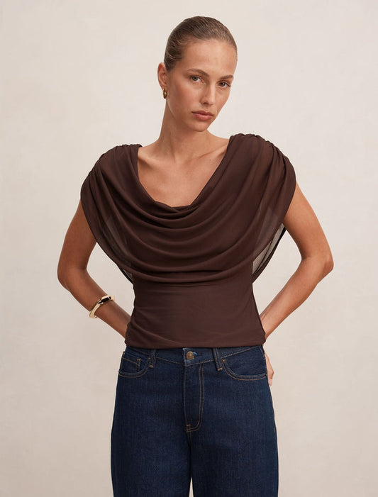 Olivia Draped Mesh Cape Top Chocolate Forever New