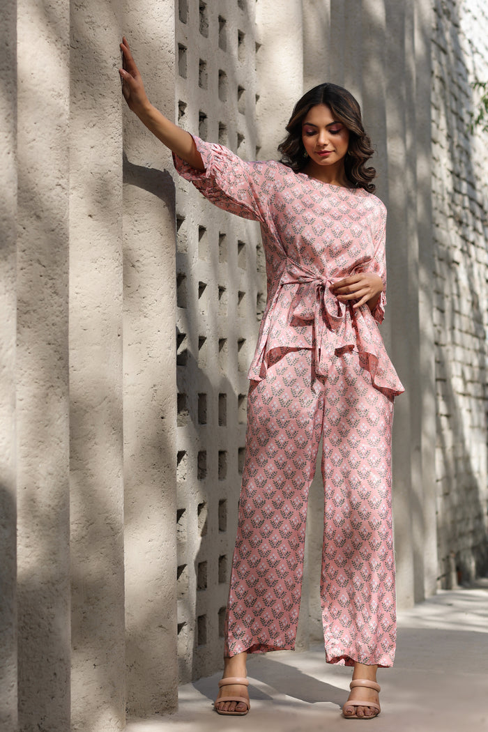 Orchids on Pink Front Tie Russian Silk Co-ord Set