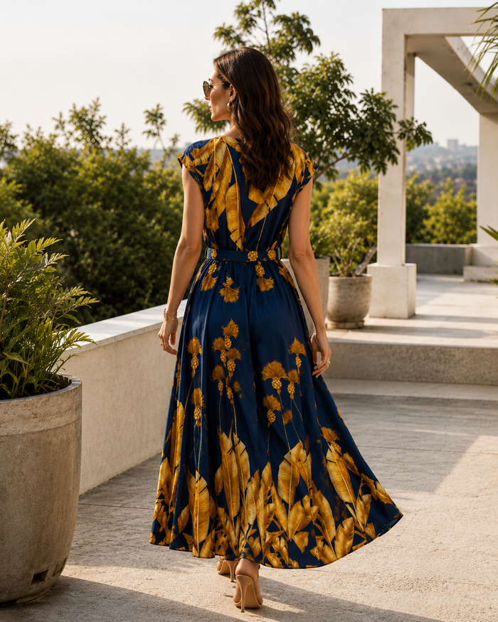 Ornella Tropical Belted Dress Navy