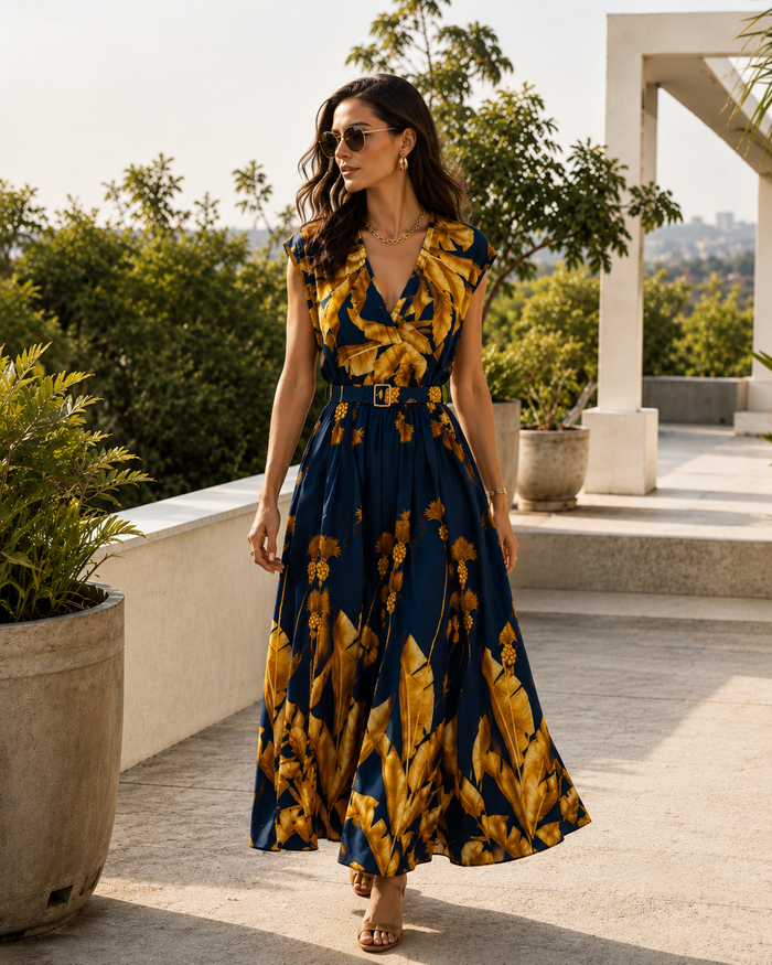 Ornella Tropical Belted Dress Navy