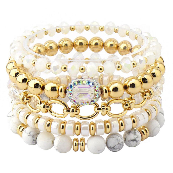 Oval Link Beaded Bracelet Set - White