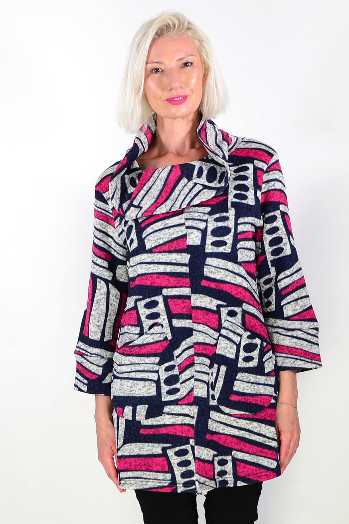 Oversized Collar Winter Fleece Pink Tunic Top