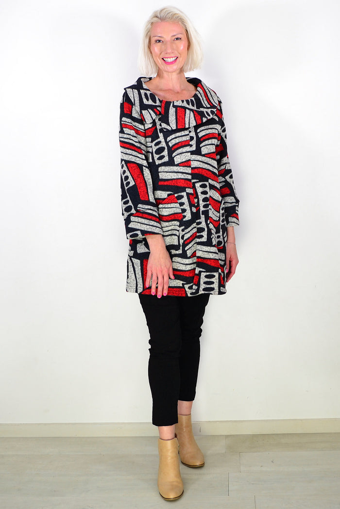 Oversized Collar Winter Fleece Red Tunic Top