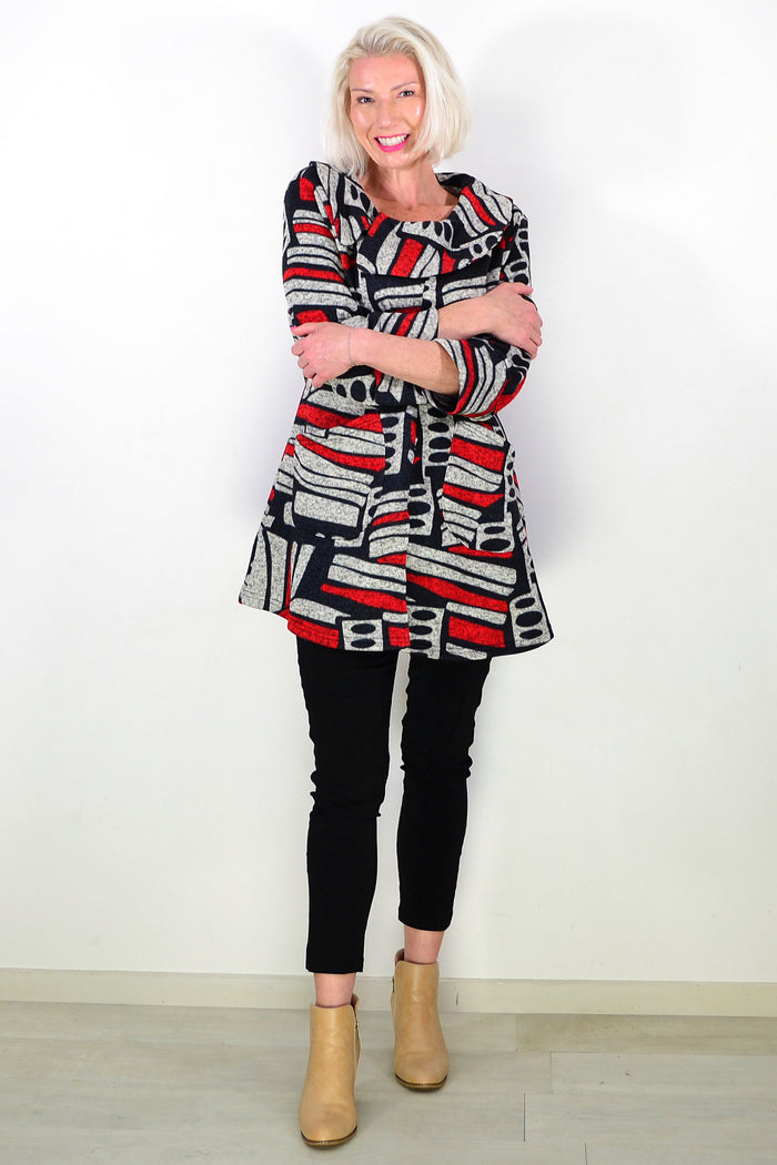 Oversized Collar Winter Fleece Red Tunic Top
