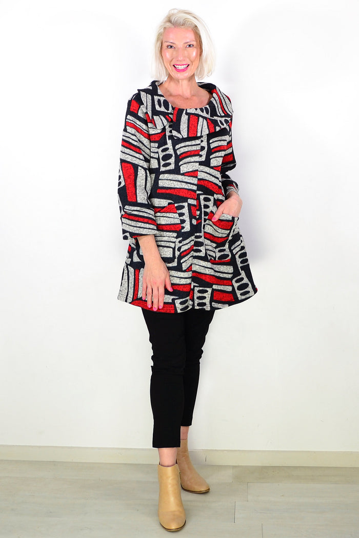 Oversized Collar Winter Fleece Red Tunic Top