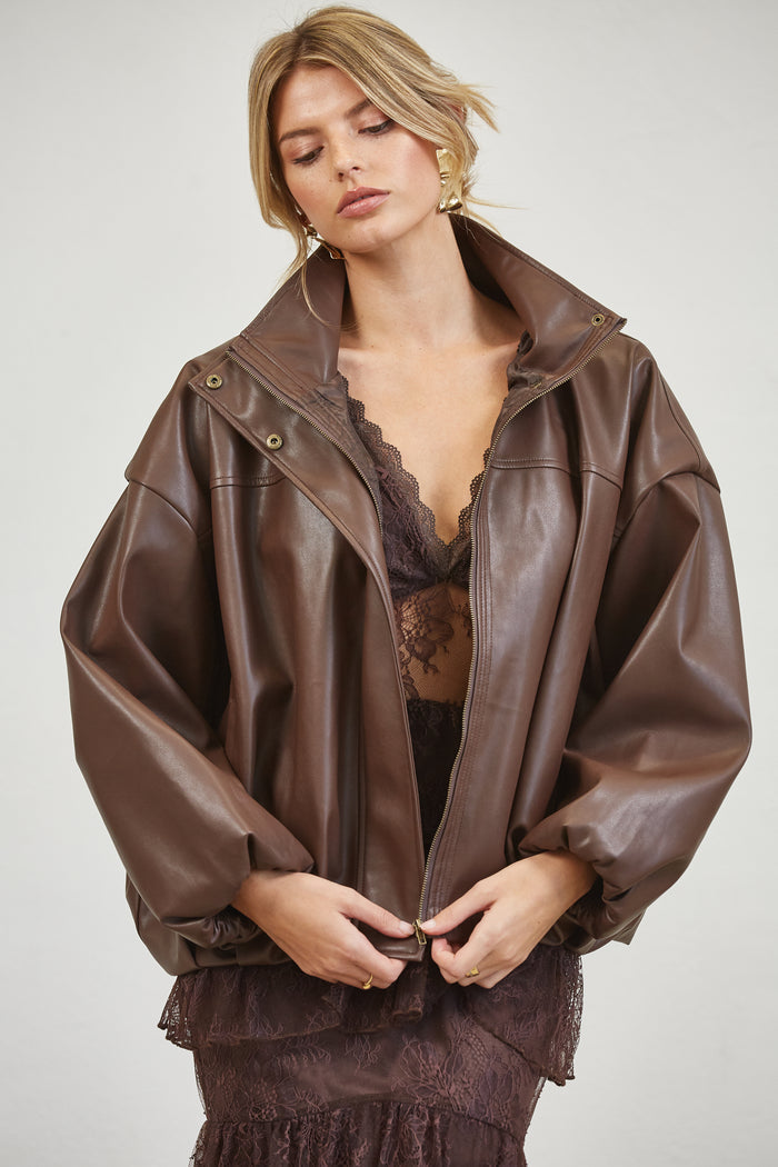 Oversized Faux Leather Bomber Jacket