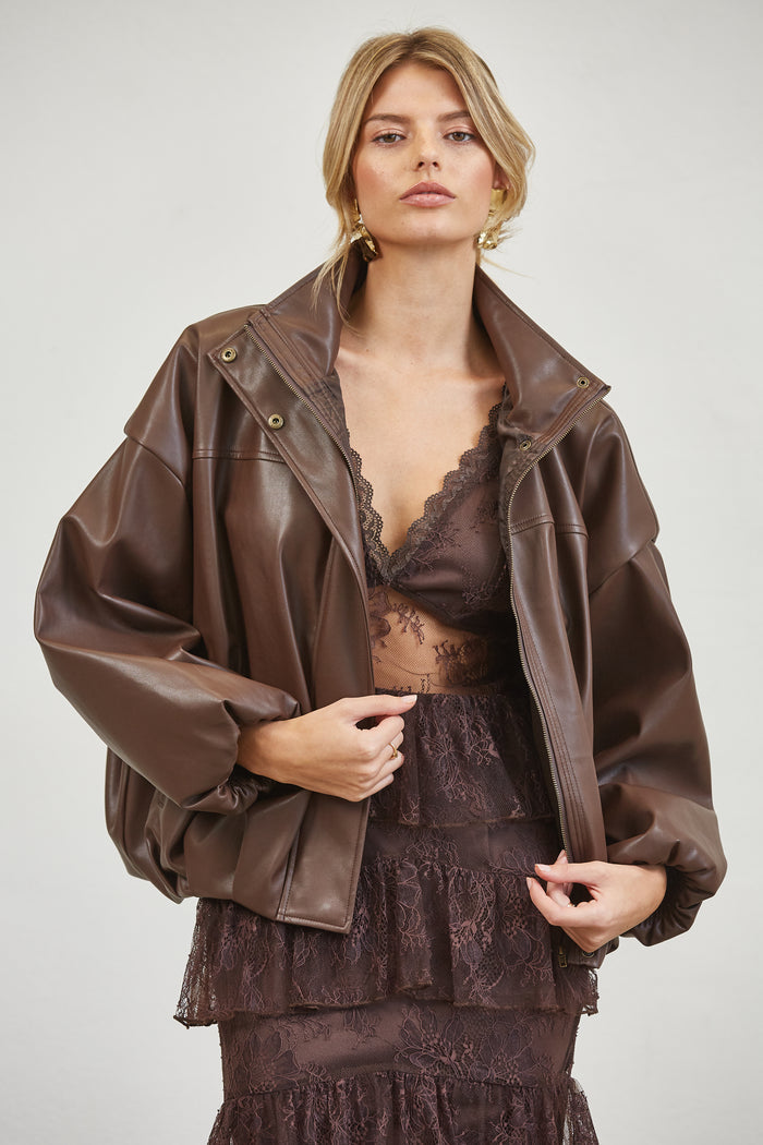 Oversized Faux Leather Bomber Jacket