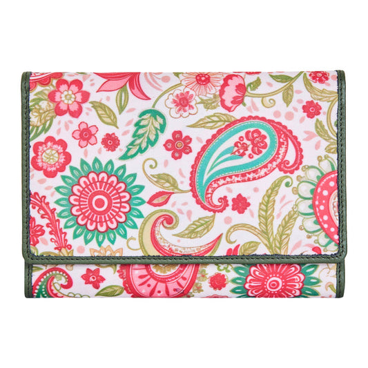 Women's paisley trifold travel wallet for daily use and trips