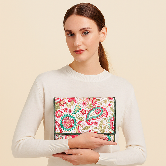 Women's paisley trifold travel wallet for daily use and trips-model image