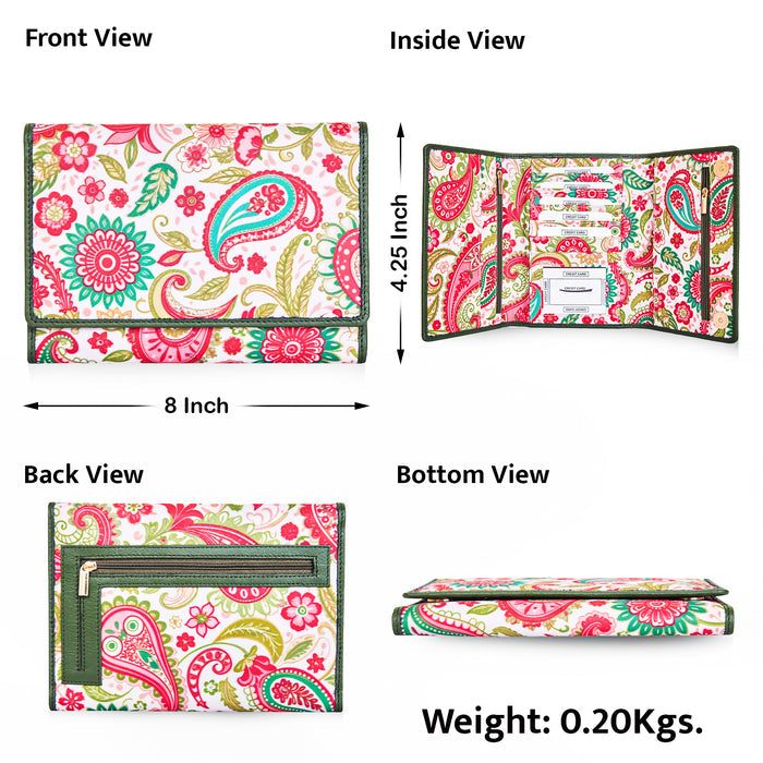Women's paisley trifold travel wallet for daily use and trips-infographic image