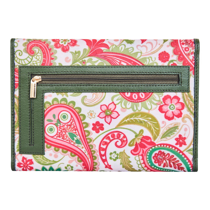 Women's paisley trifold travel wallet for daily use and trips-back view