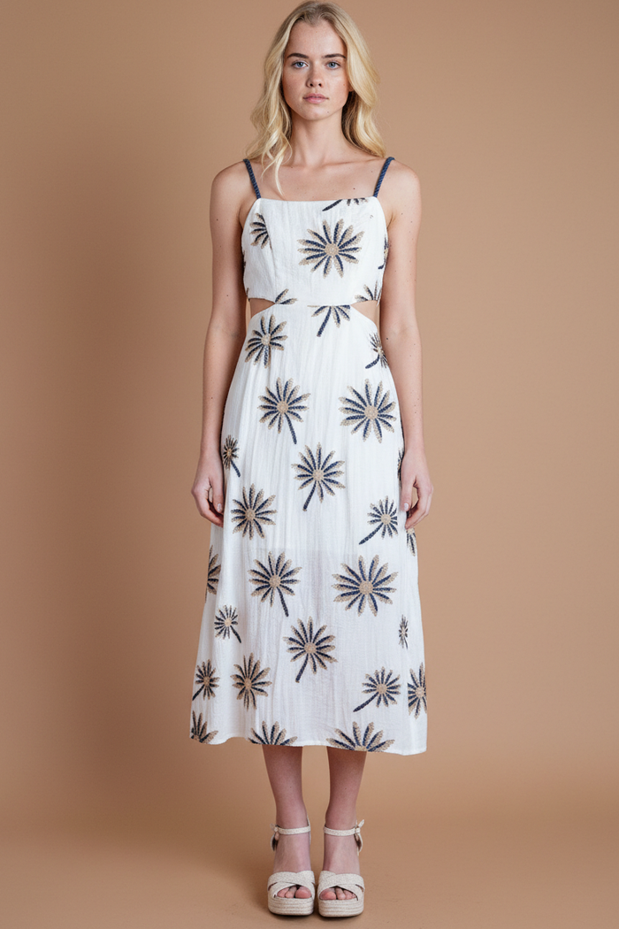 Palm Embroidery Side Cutout Midi Dress