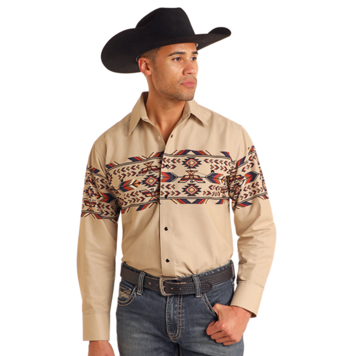 Panhandle Slim Men's Southwestern Tan Print Border Long Sleeve Snap Shirt