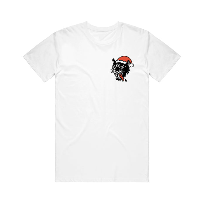 White Bayside T-shirt with a small printed black cat graphic wearing a red Santa hat and scarf on the left chest.