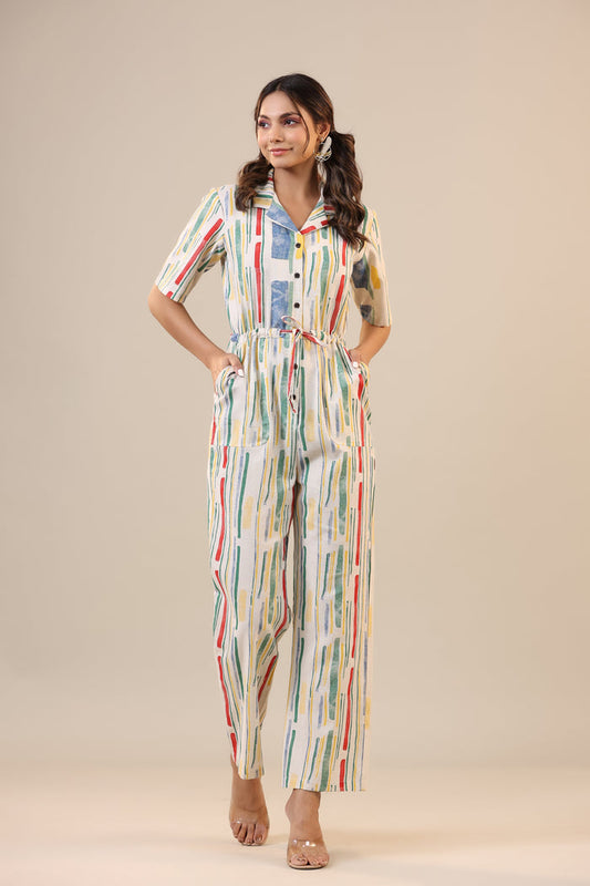 Parallel Abstract Striped on Off white Cotton Flex Jumpsuit