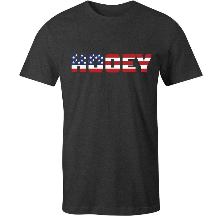 Black t-shirt with 'HODEY' printed in American flag colors on a white background