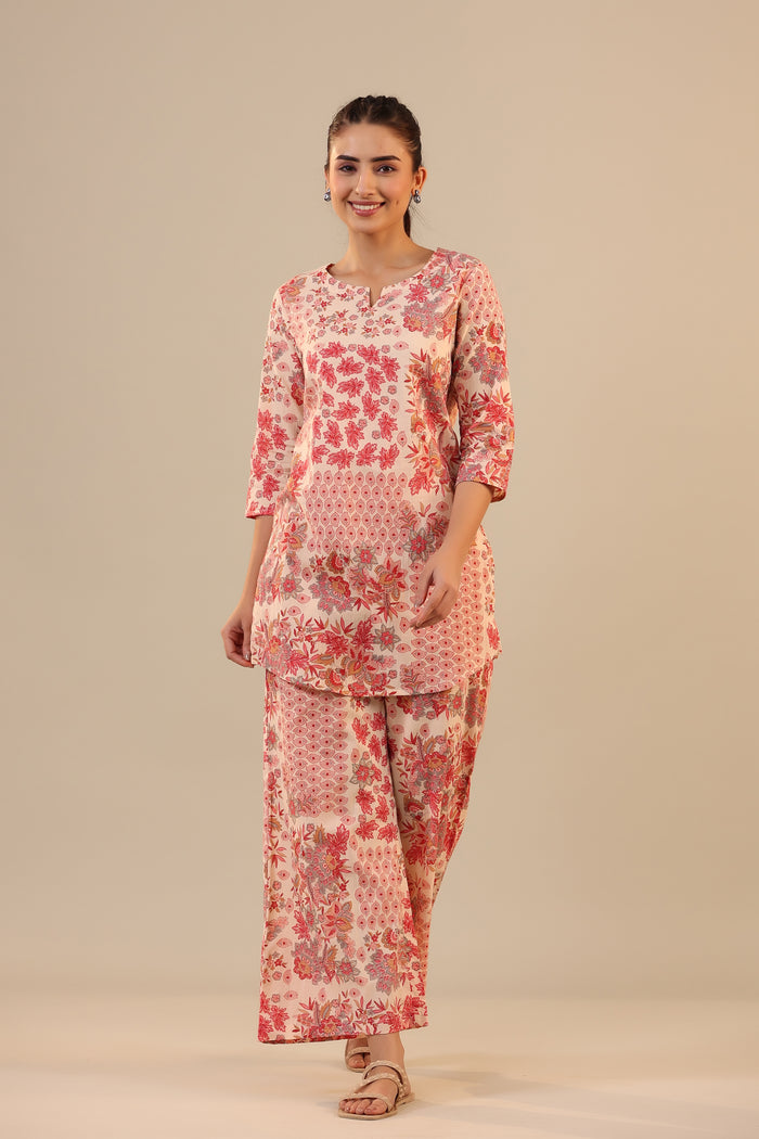 Patterned Florals on Pink Cotton Palazzo Loungewear Set