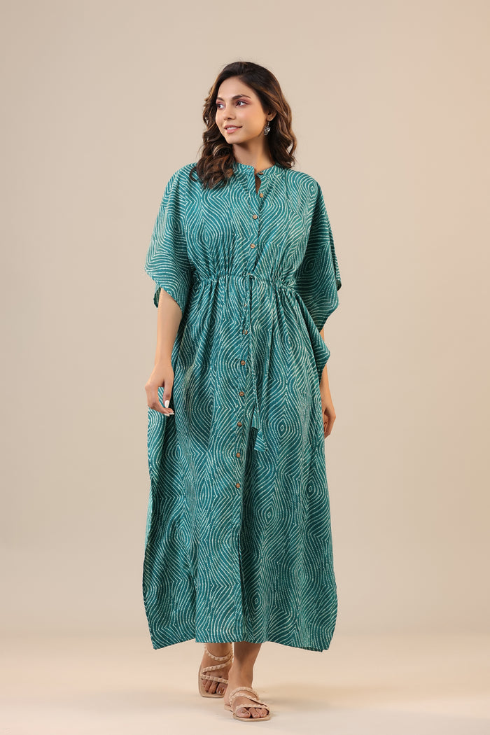 Patterned Shibori on Teal Front Buttoned Kaftan