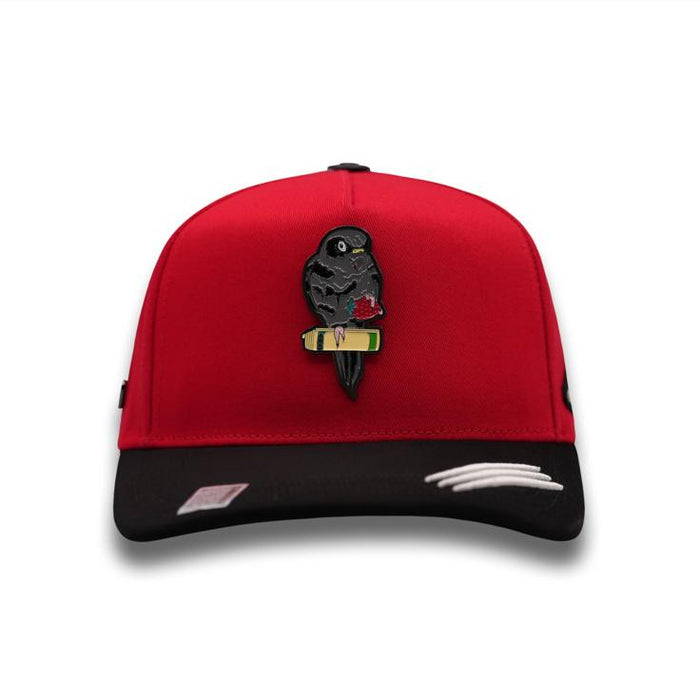 Front view of PERICO RED Snapback by BIGG BOSS with embroidered parrot holding rose and money