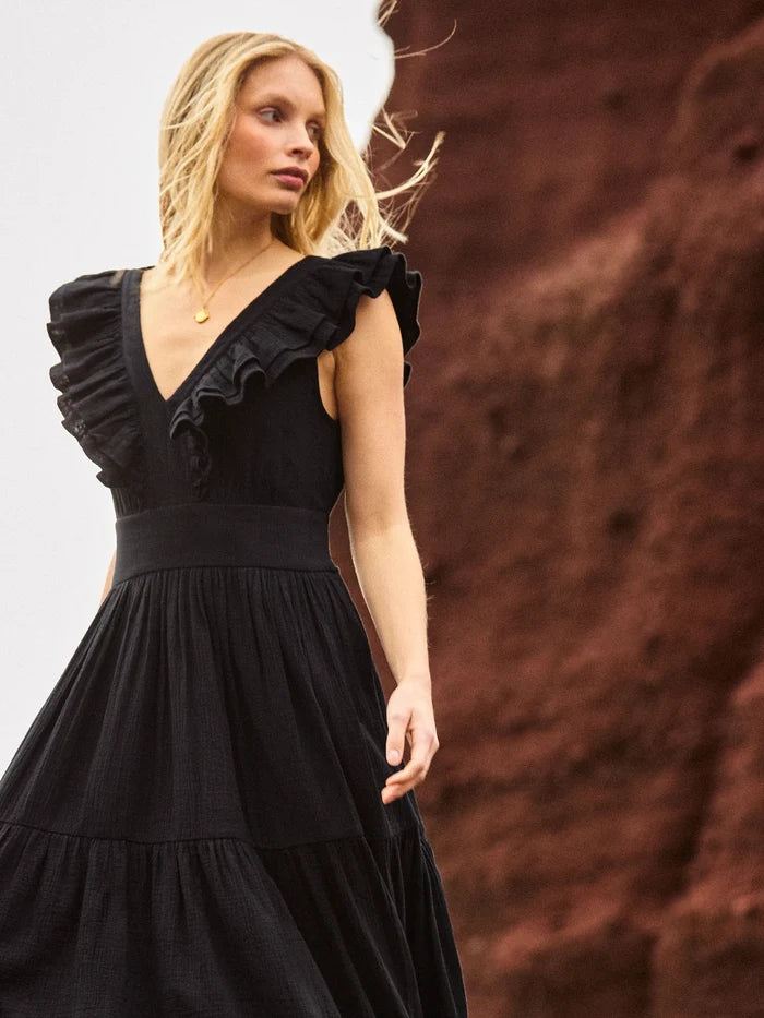 Black Cheesecloth Ruffle V-Neck Midi Dress Cotton Resort