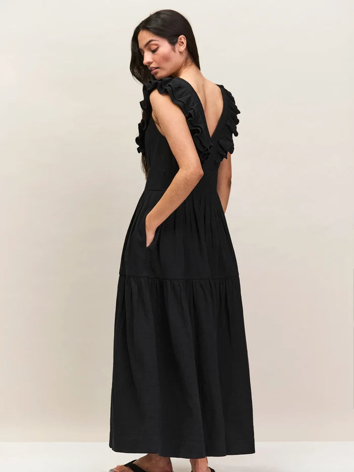 Black Cheesecloth Ruffle V-Neck Midi Dress Cotton Resort